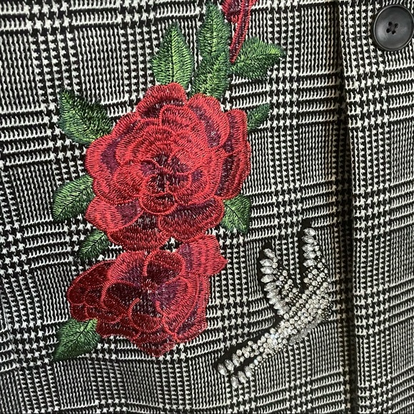 INC Glen Plaid Pea Coat Black White Embellished Small Rose Embroidery - Picture 6 of 12